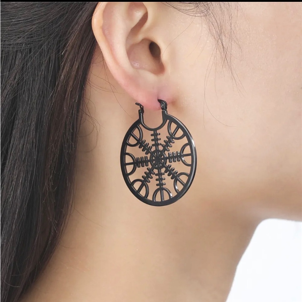 NEW Aegishjalmr/ Helm of Awe Viking Norse Silver Stainless Steel Dangle Earrings - Picture 2 of 3